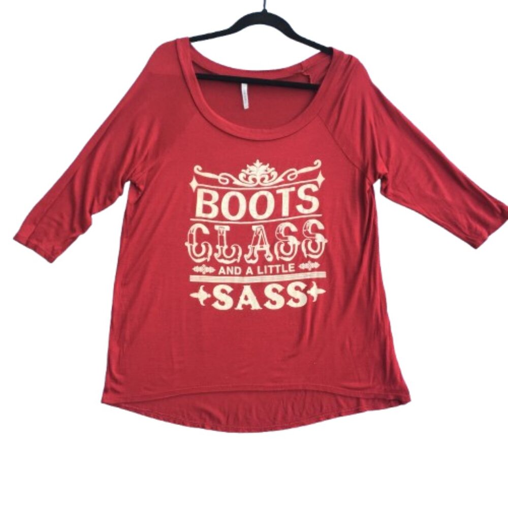 Country Western Graphic Tee Womens Large Burgundy Boots Class Sass